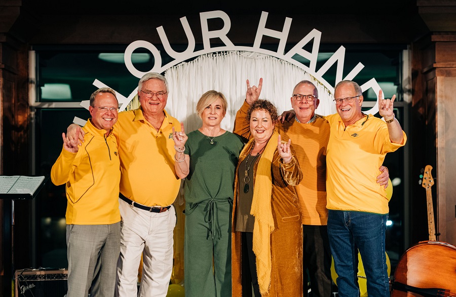 Photo: From left -- John Glover, Robert Challey, Sheila Challey, Mary Ann Swiontek, Steve Swiontek, President Dean Bresciani at the In Our Hands Campaign Celebration