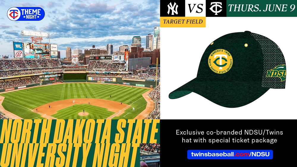 Banner: NDSU Night at Target Field | Yankees vs. Twins | Thursday, June 9 | Exclusive co-branded NDSU/Twins hat with special ticket package | Visit twinsbaseball.com/NDSU