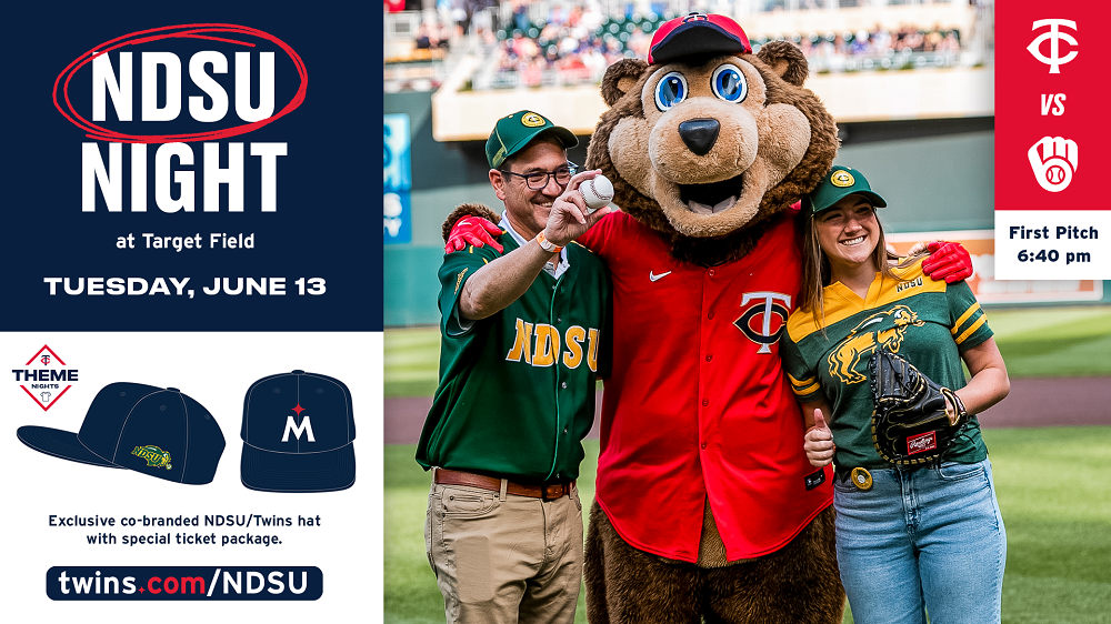 Banner: NDSU Night at Target Field | Tuesday, June 13 | Exclusive co-branded NDSU/Twins hat with special ticket package